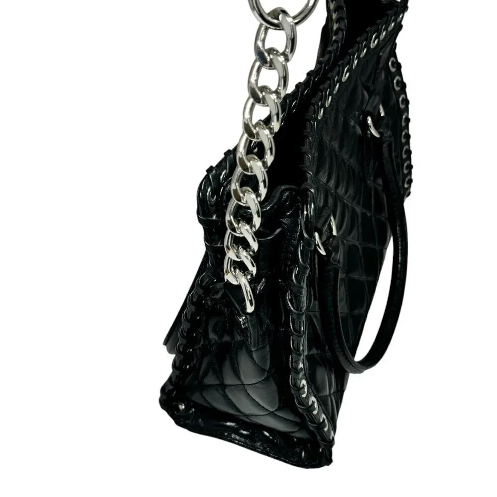 Michael Kors Hamilton Hippie Grommet Quilted Tote Black & Silver 12.5 x 9‎